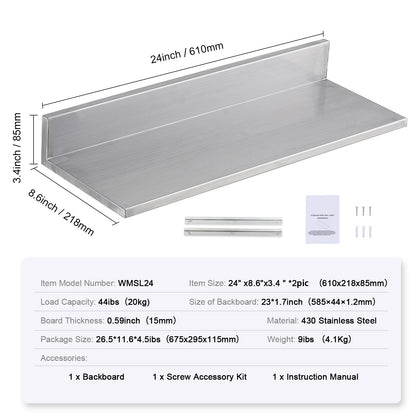 Living Room Silver Stainless Steel Floating Shelves - 2 Pack, Wall Mounted Storage