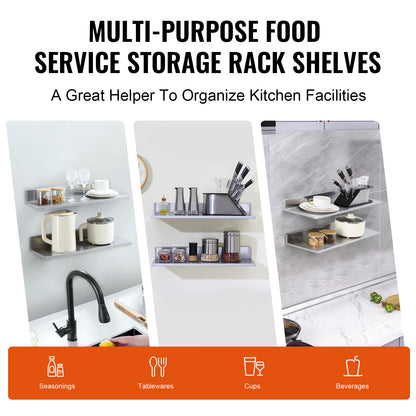 Living Room Silver Stainless Steel Floating Shelves - 2 Pack, Wall Mounted Storage