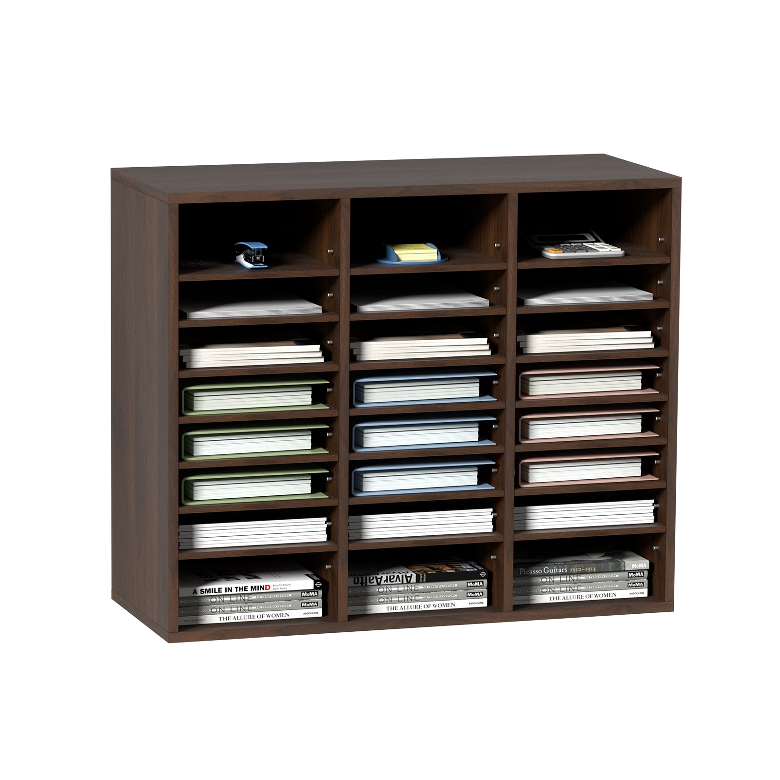 24 Compartment Wood Literature Organizer - Antique Brown for Living Room