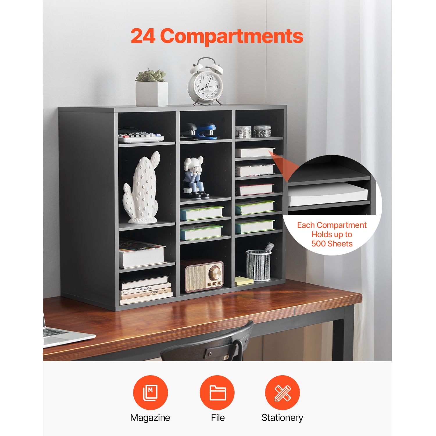 24 Compartment Literature Organizer - Gray Particle Board