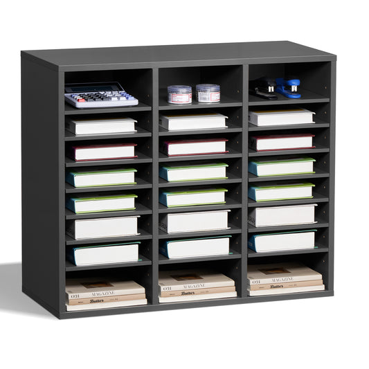 Literature Organizer, 24 Compartments Office Mailbox with Adjustable Shelves, Wooden Mailbox Sorter Medium Density Fiberboard Office Home Classroom Storage for Files, Documents, Papers, Grey