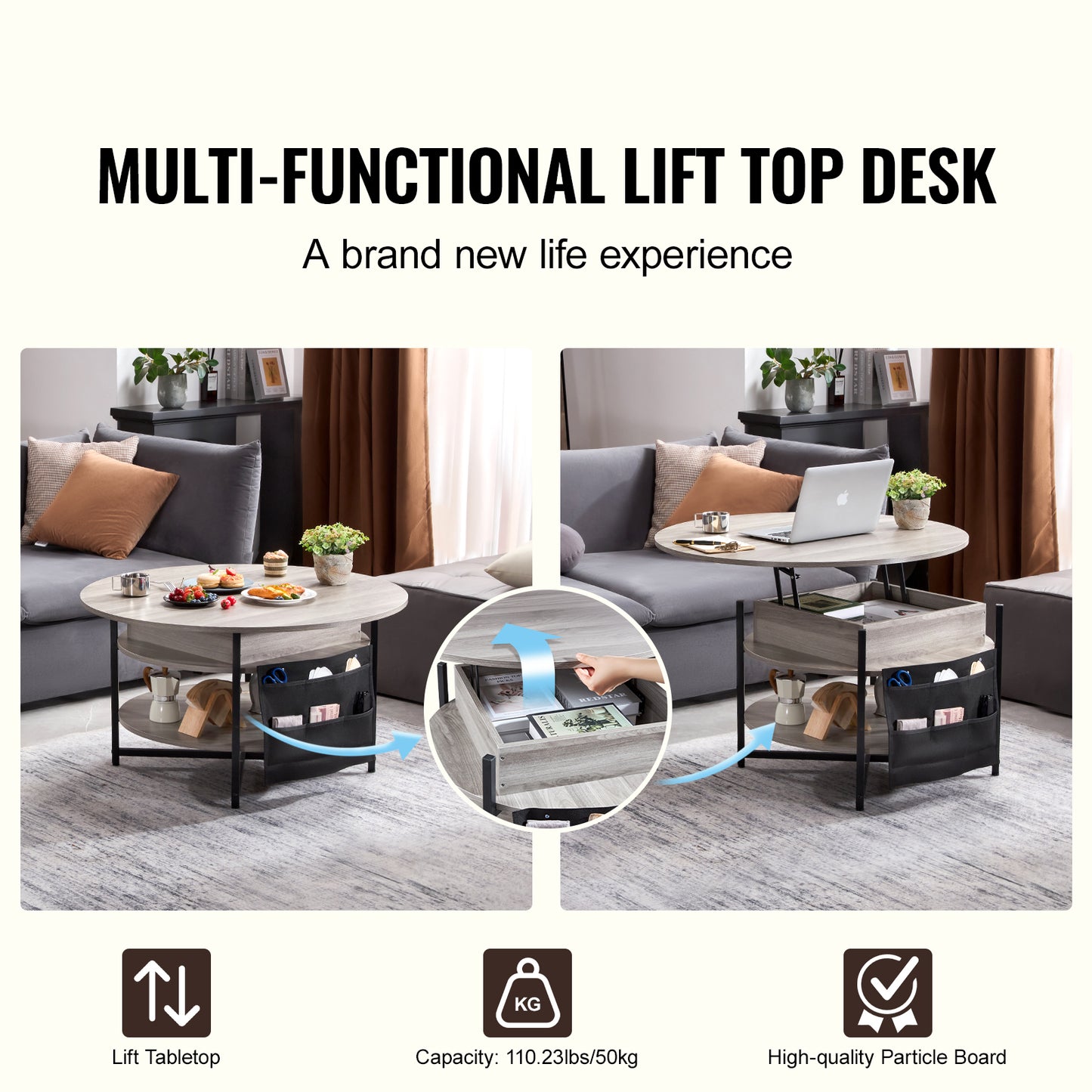 Lift Top Coffee Table - Gray Iron Storage Table 35.4" Round