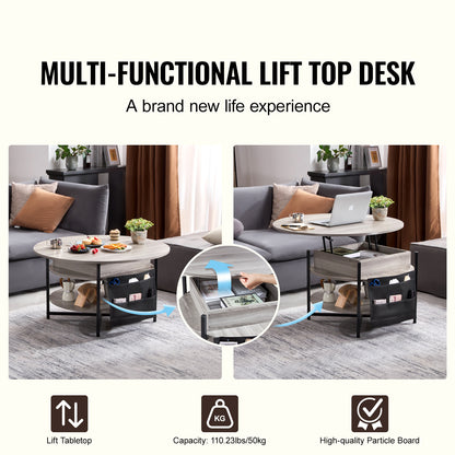 Lift Top Coffee Table - Gray Iron Storage Table 35.4" Round