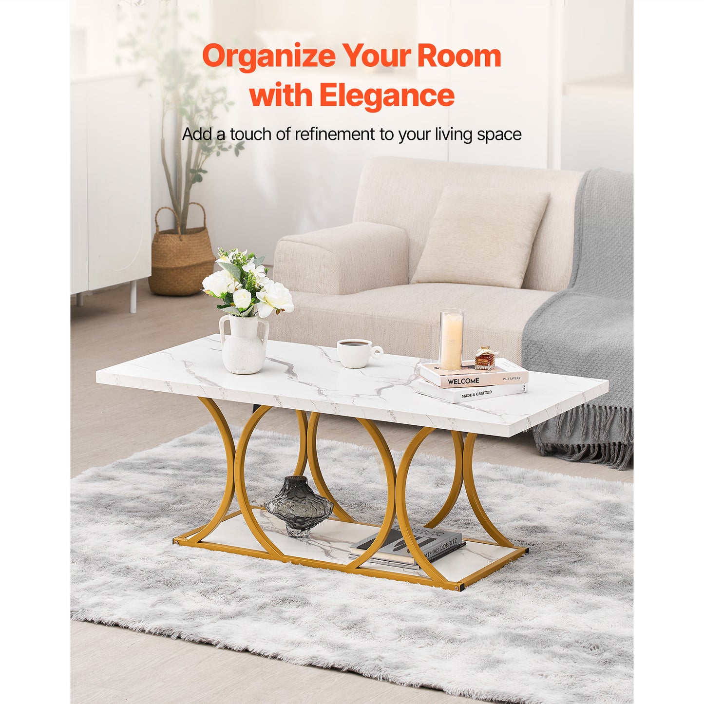 Modern Faux Marble Coffee Table - White Iron Frame for Living Room