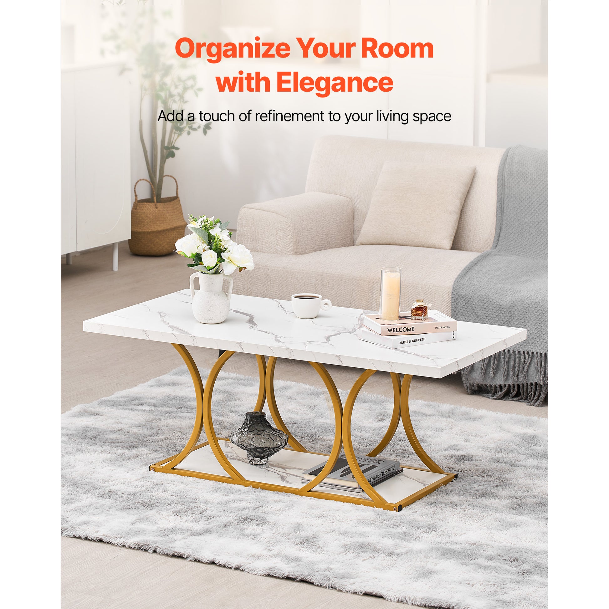 Modern Faux Marble Coffee Table - White Iron Frame for Living Room