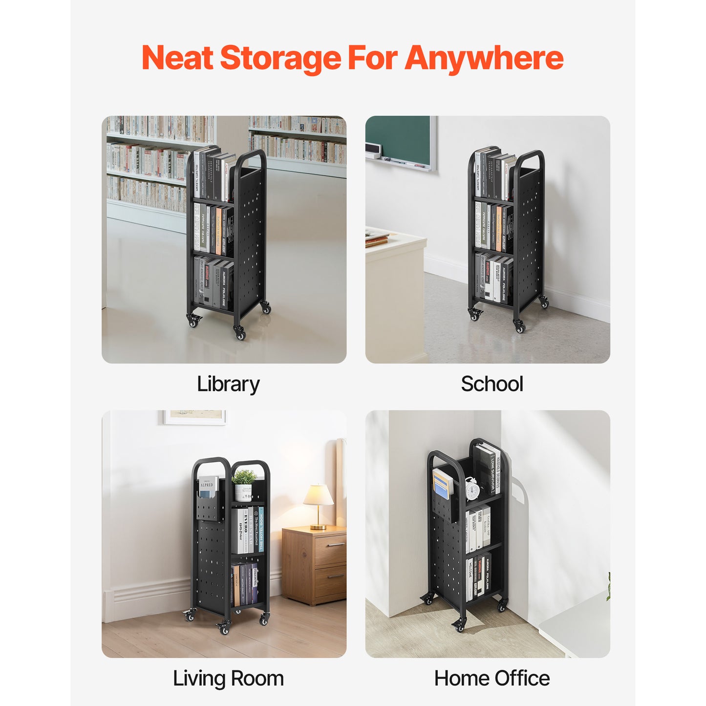 3-Tier Rolling Book Cart - Black | Storage & Display Shelf