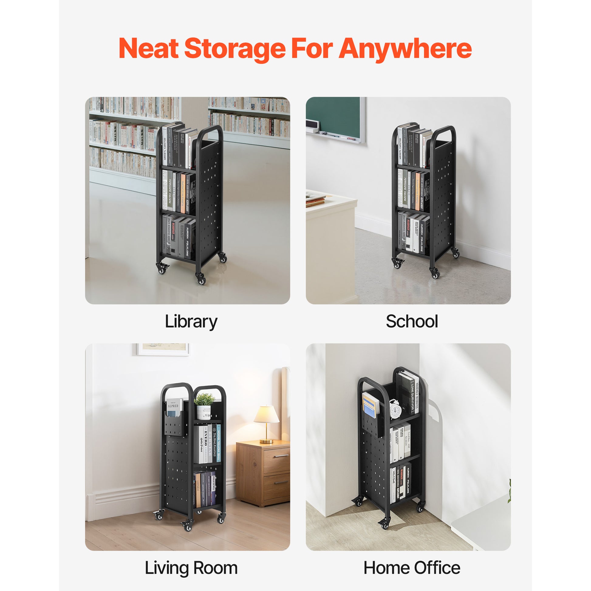 3-Tier Rolling Book Cart - Black | Storage & Display Shelf