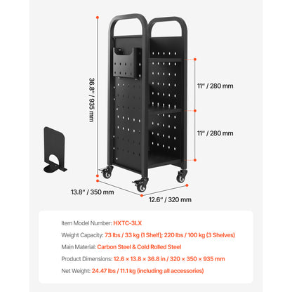 3-Tier Rolling Book Cart - Black | Storage & Display Shelf