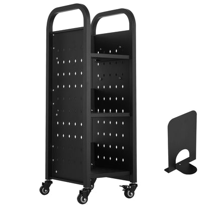 3-Tier Rolling Book Cart Single Sided L-Shaped Shelves Book Truck Black