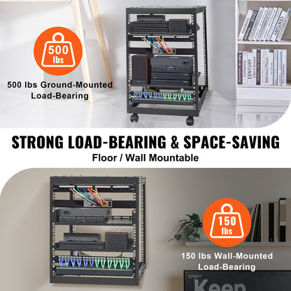 15U Open Frame Server Rack - Adjustable Depth, Black for Living Room