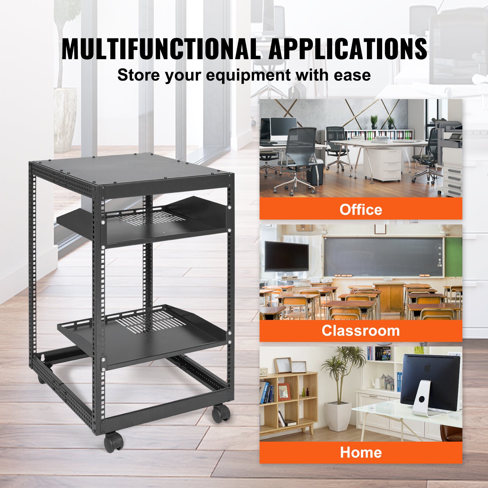 15U Open Frame Server Rack - Adjustable Depth, Black for Living Room