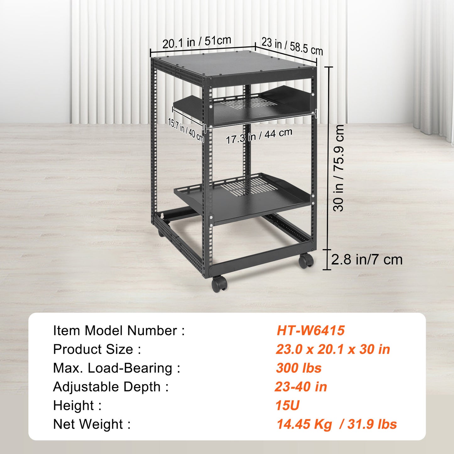 15U Open Frame Server Rack - Adjustable Depth, Black for Living Room