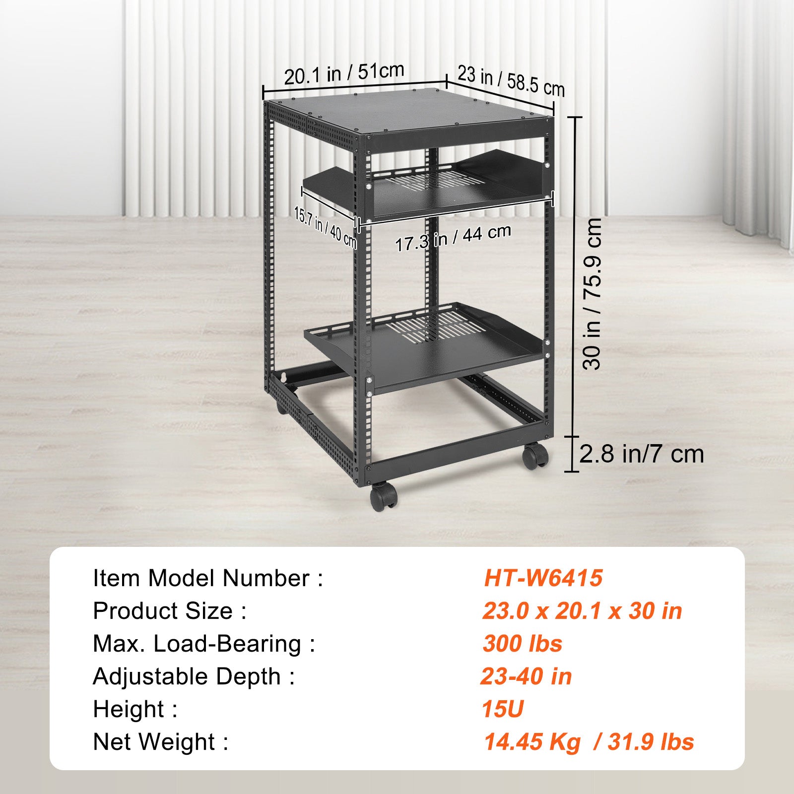 15U Open Frame Server Rack - Adjustable Depth, Black for Living Room