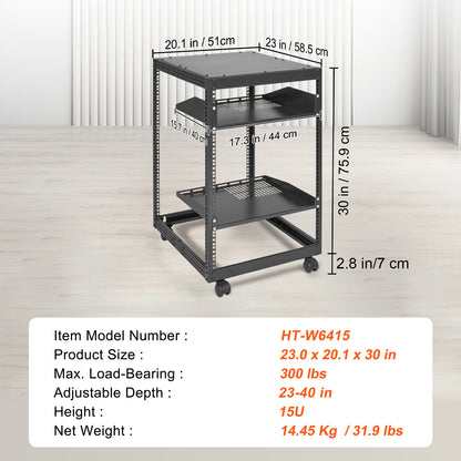 15U Open Frame Server Rack - Adjustable Depth, Black for Living Room