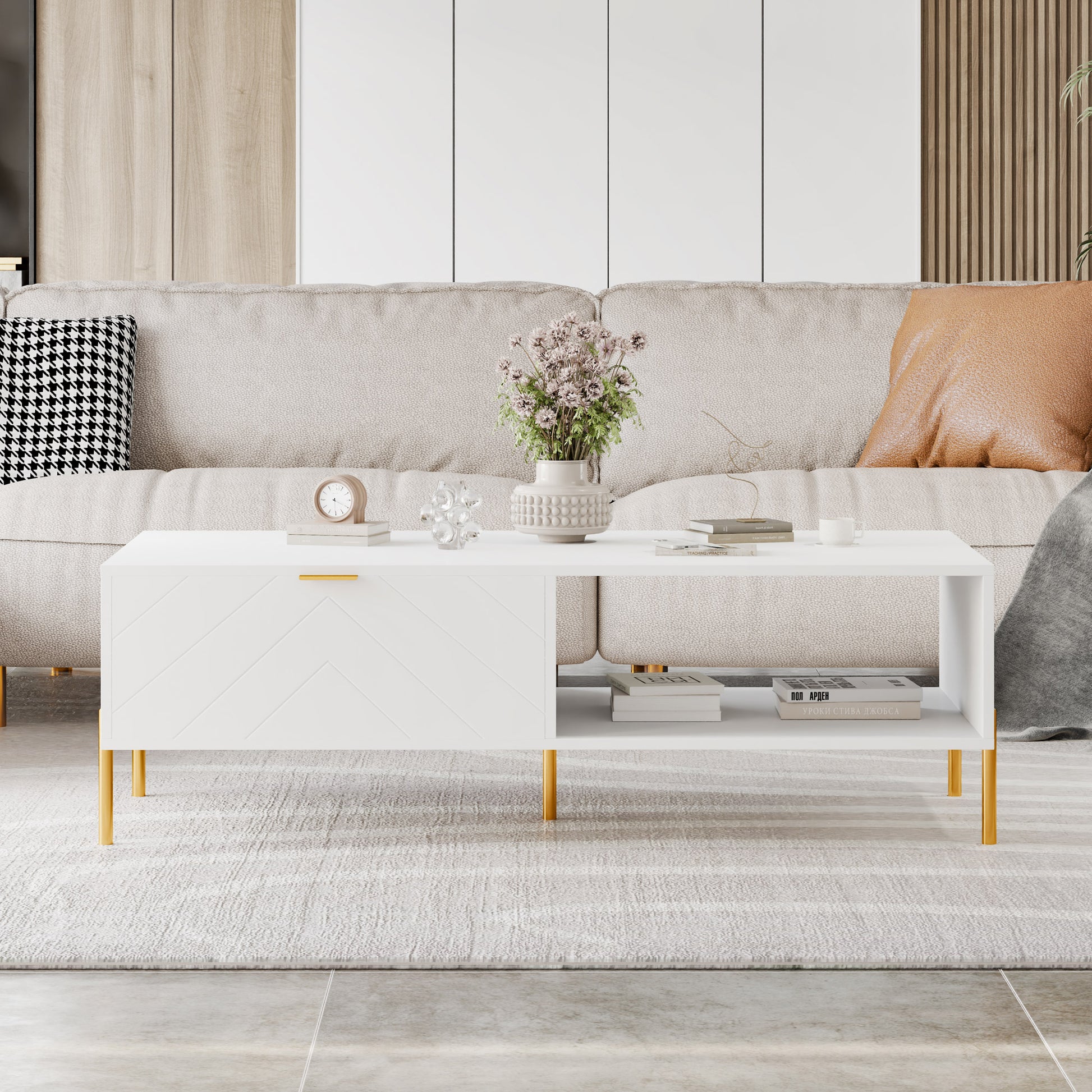 Mid-Century Modern Coffee Table with Double Drawers(White)