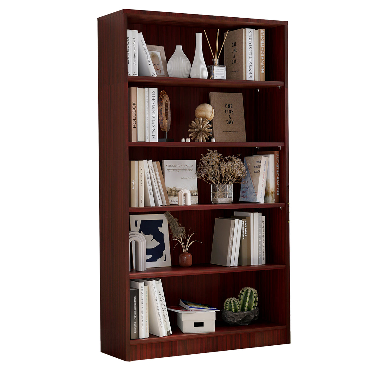 5-Shelf Mahogany MDF Bookcase - 60 Inch Tall Display Shelving for Living Room