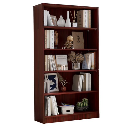 5-Shelf Mahogany MDF Bookcase - 60 Inch Tall Display Shelving for Living Room