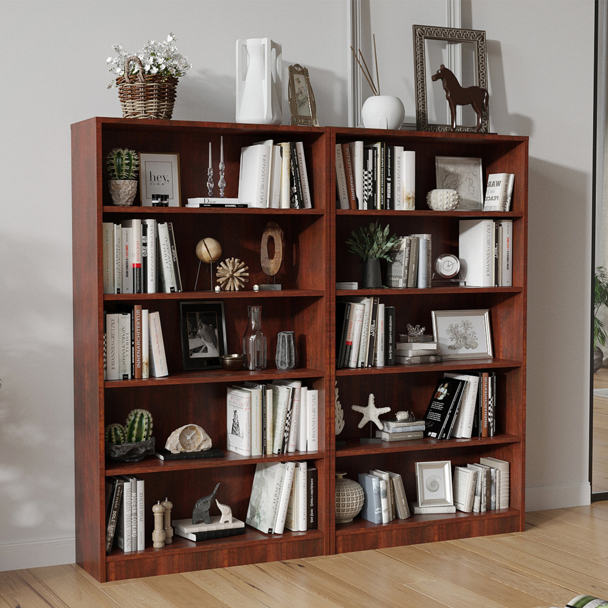 5-Shelf Mahogany MDF Bookcase - 60 Inch Tall Display Shelving for Living Room