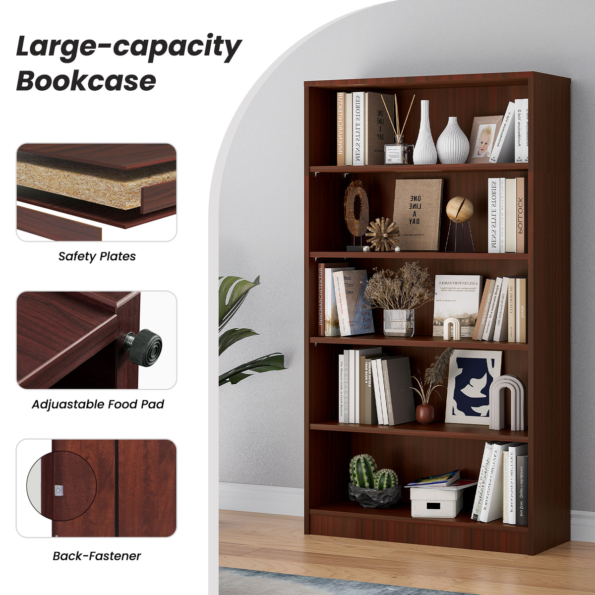 5-Shelf Mahogany MDF Bookcase - 60 Inch Tall Display Shelving for Living Room