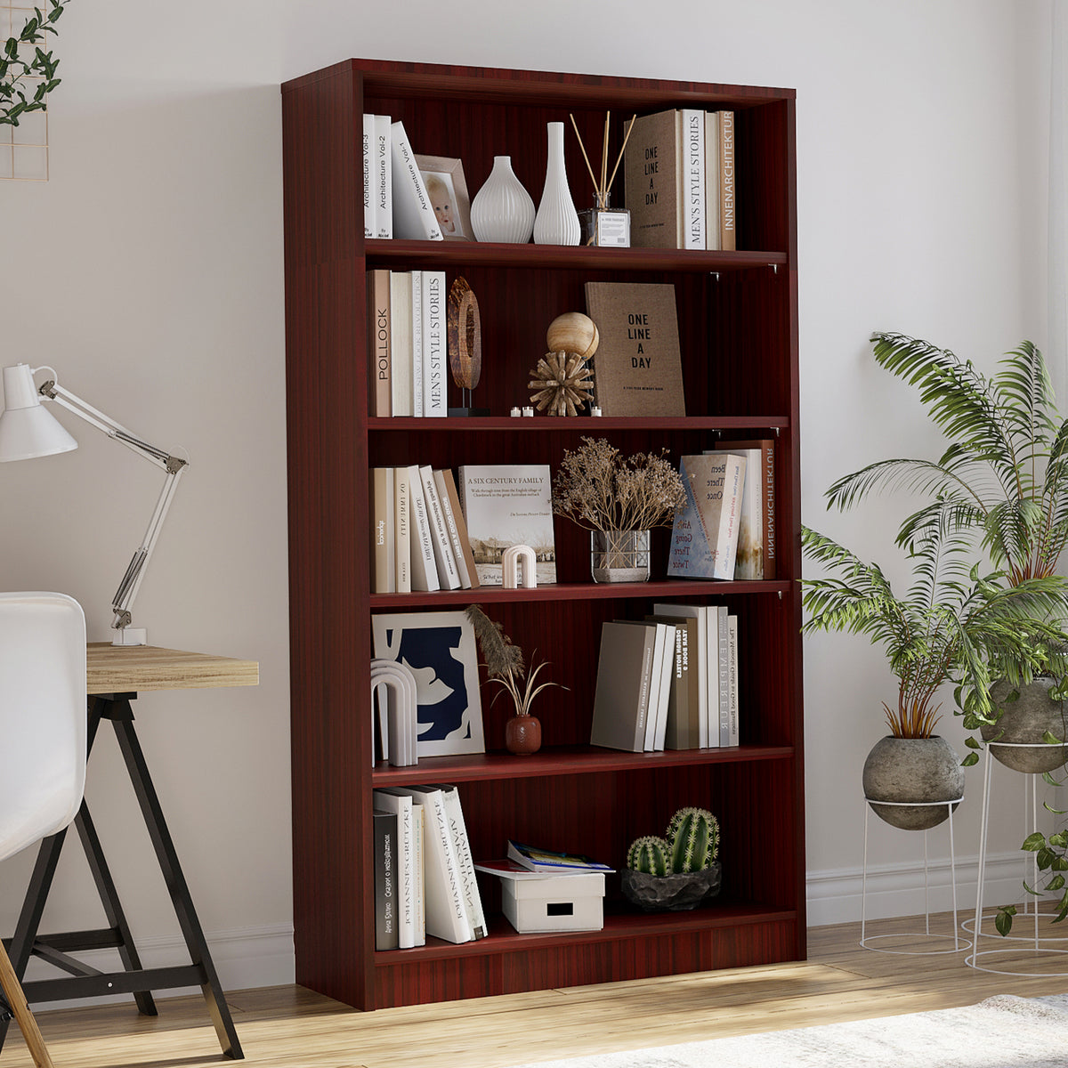 5-Shelf Mahogany MDF Bookcase - 60 Inch Tall Display Shelving for Living Room
