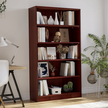5-Shelf Mahogany MDF Bookcase - 60 Inch Tall Display Shelving for Living Room