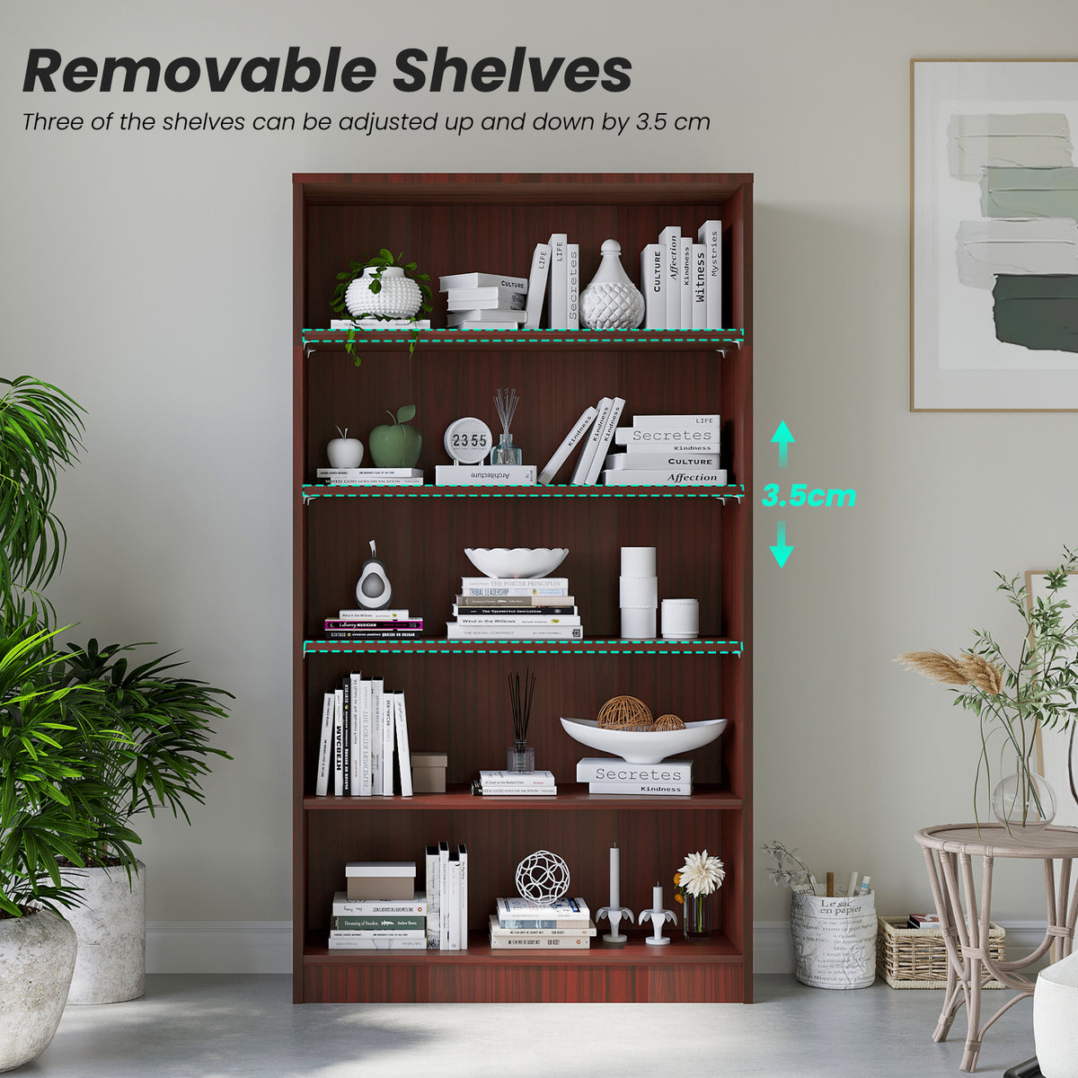 5-Shelf Mahogany MDF Bookcase - 60 Inch Tall Display Shelving for Living Room
