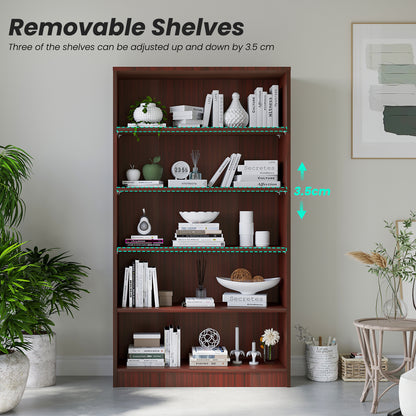 5-Shelf Mahogany MDF Bookcase - 60 Inch Tall Display Shelving for Living Room