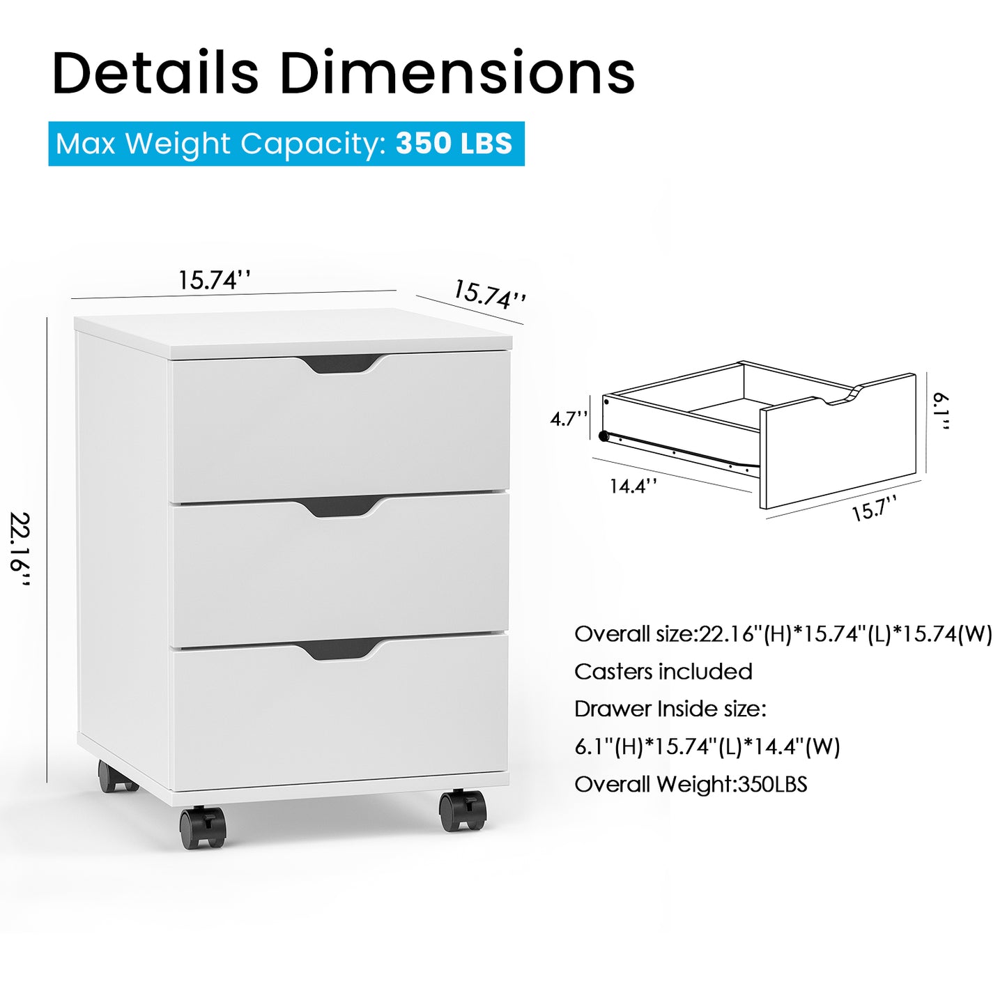 3-Drawer Rolling File Cabinet - White Wood Office Storage for Home Office