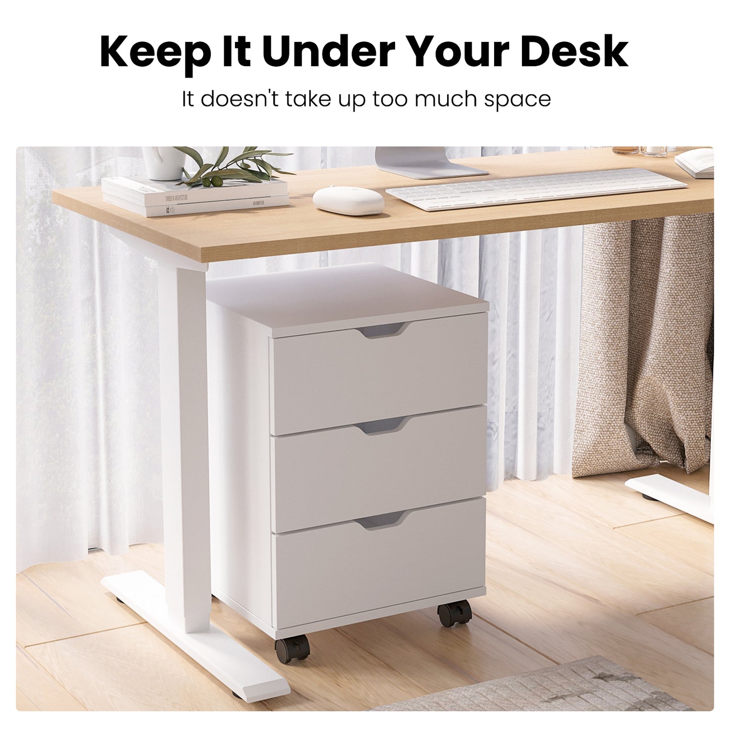 3-Drawer Rolling File Cabinet - White Wood Office Storage for Home Office