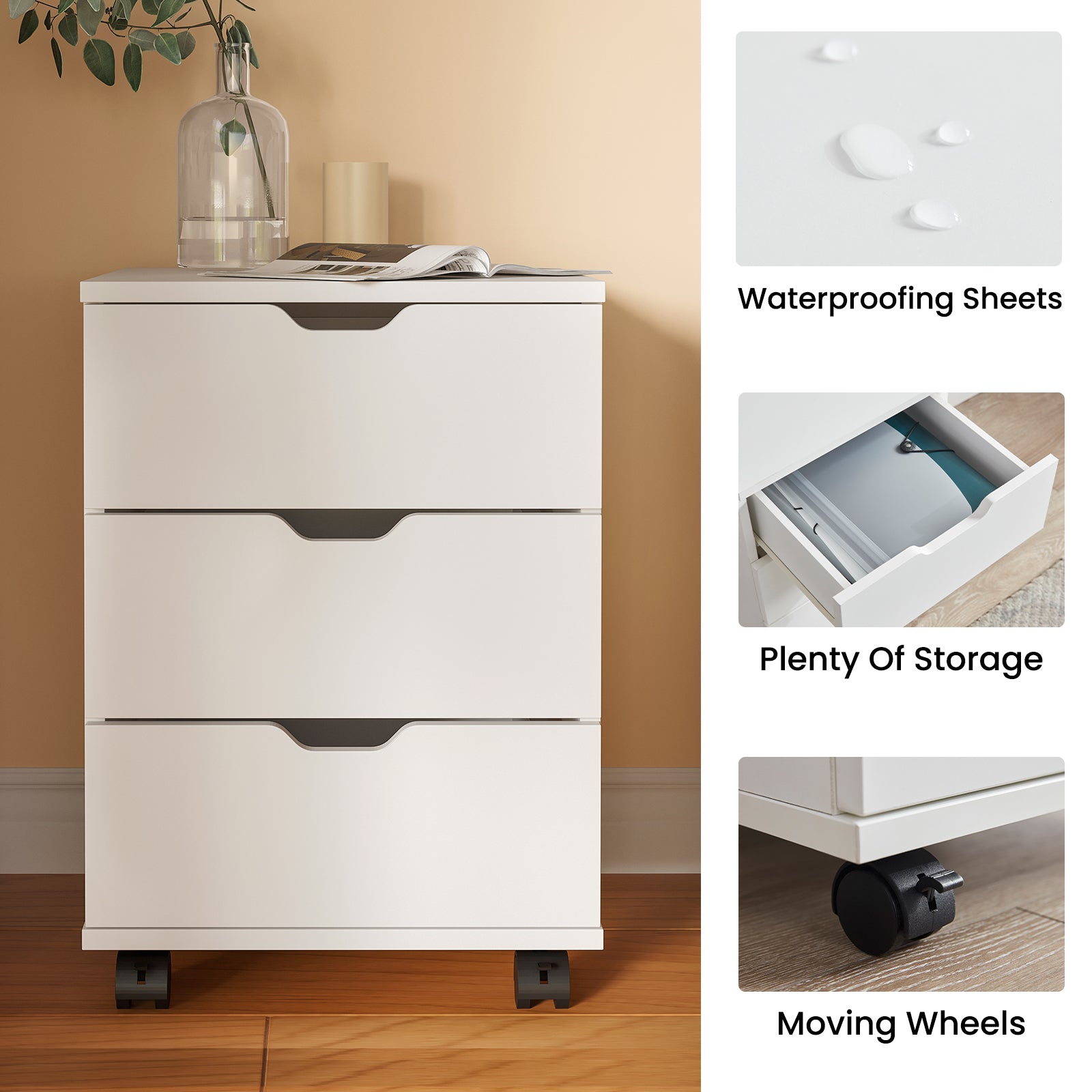 3-Drawer Rolling File Cabinet - White Wood Office Storage for Home Office