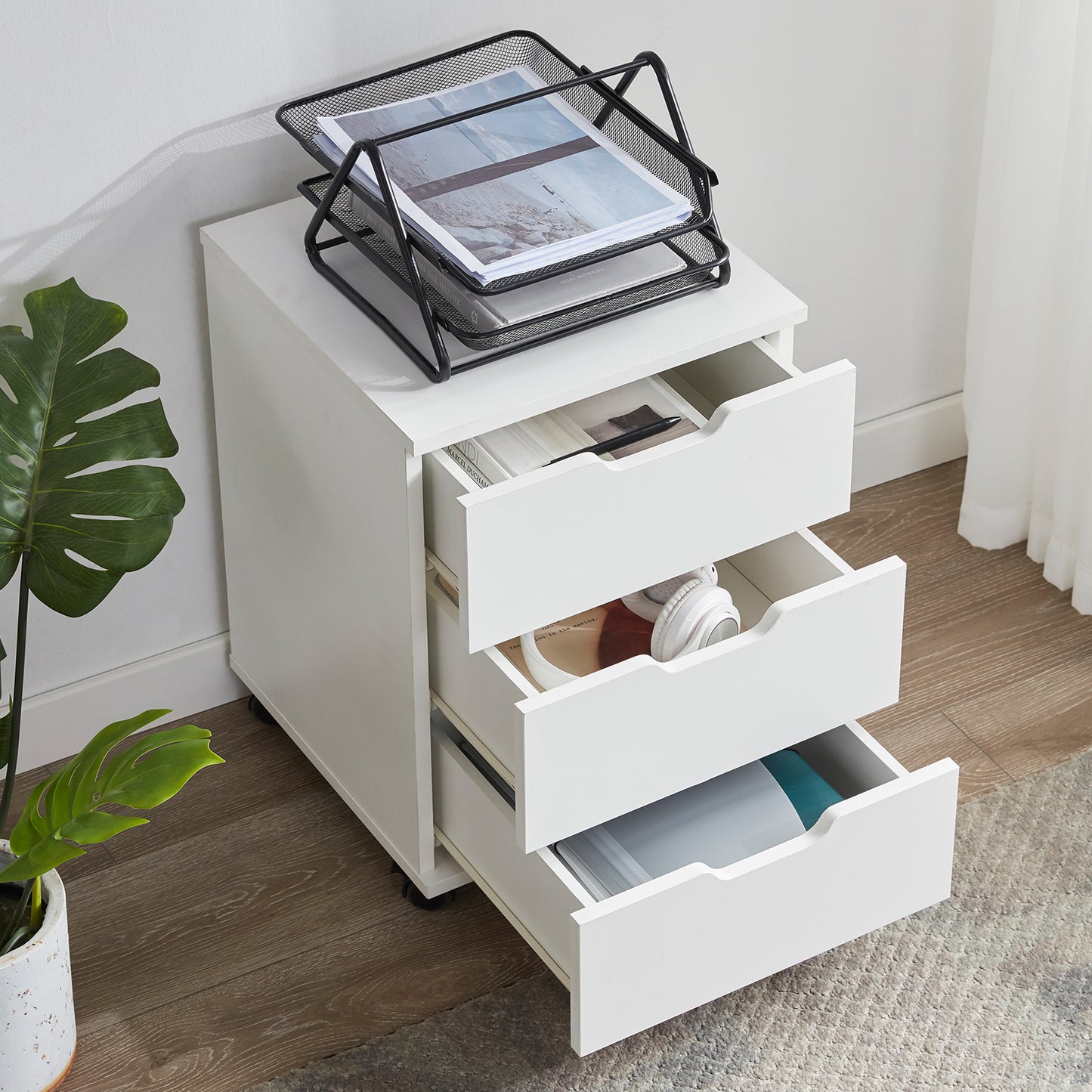 3-Drawer Rolling File Cabinet - White Wood Office Storage for Home Office
