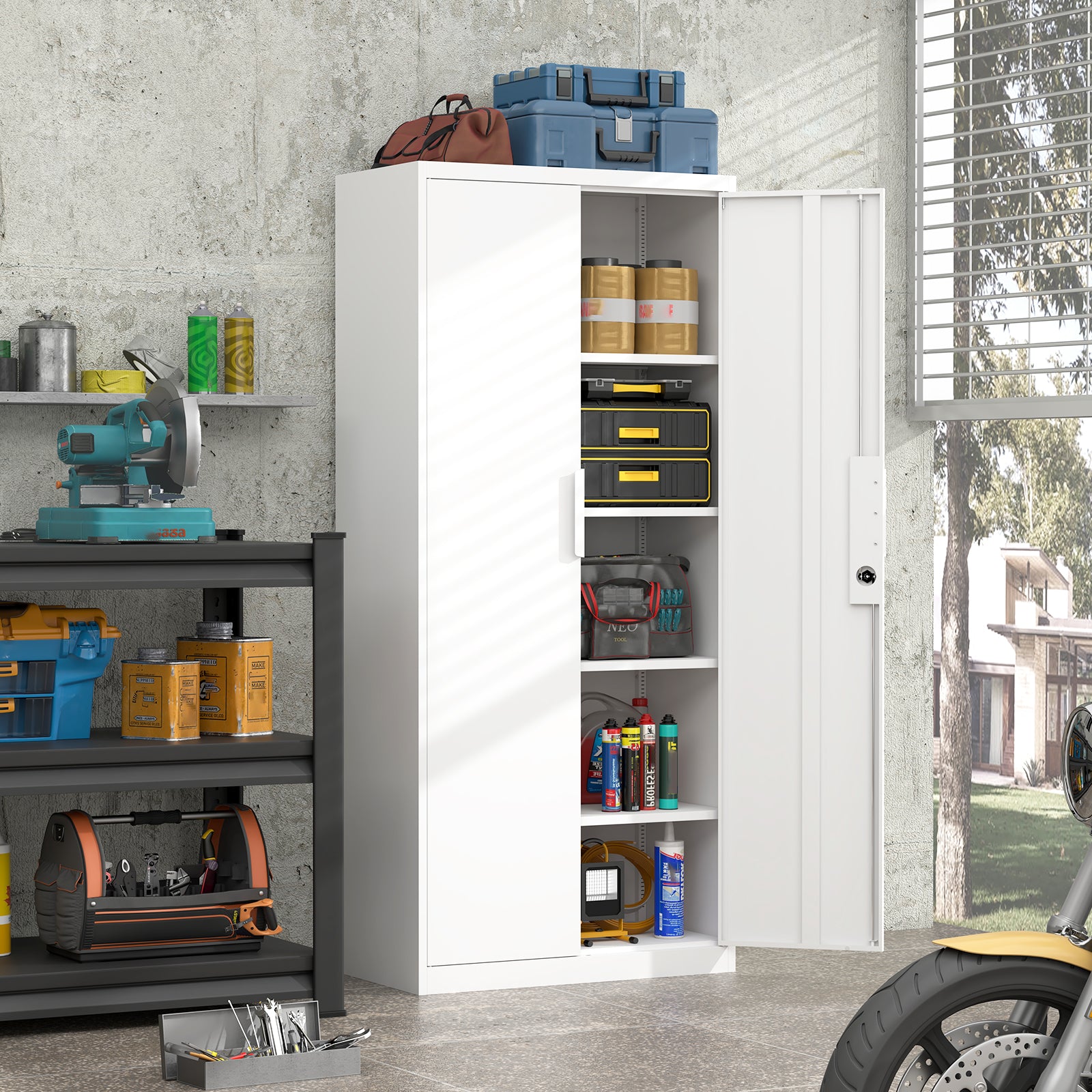 70 Inch White File Cabinet - 4 Adjustable Shelves, Steel Storage