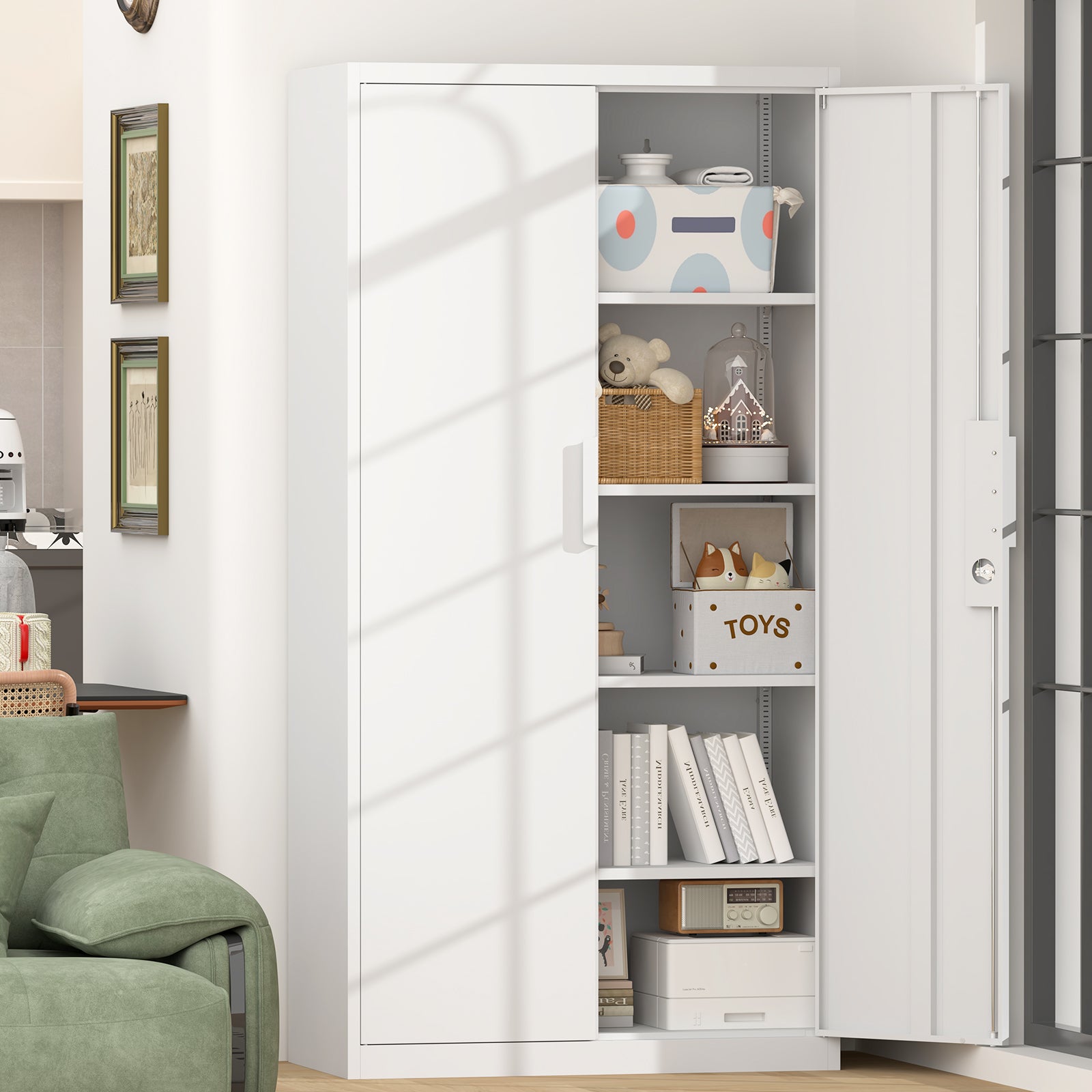 70 Inch White File Cabinet - 4 Adjustable Shelves, Steel Storage