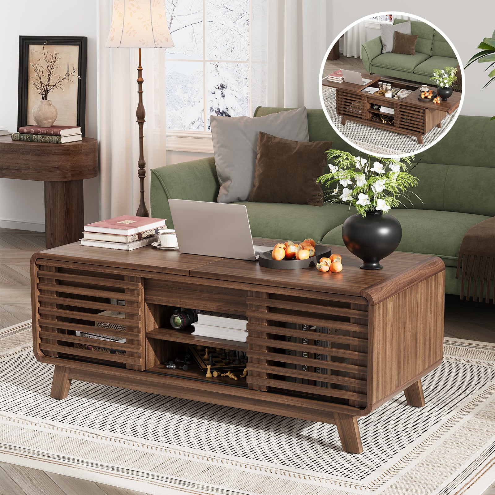 Coffee Table with Sliding Top, Wooden 47" Mid-Century Coffee Center Table with Storage and Sliding Doors, Walnut