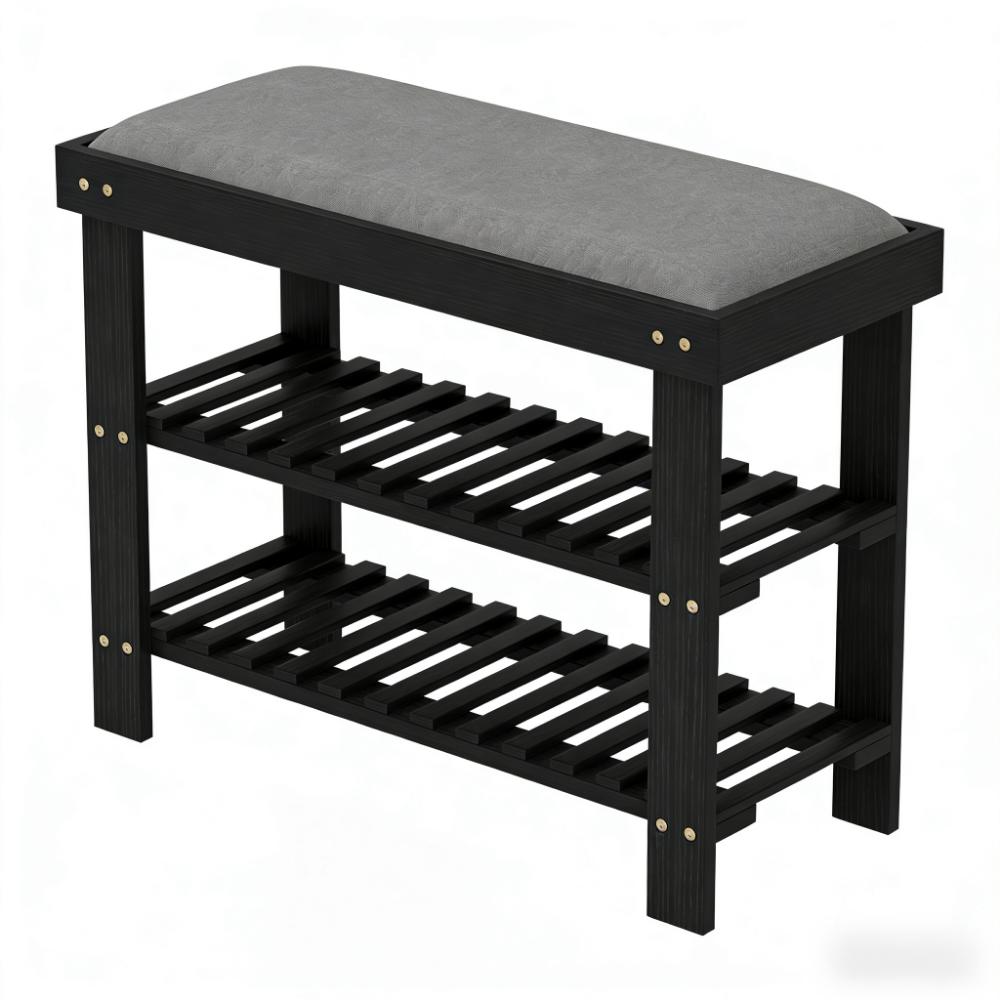 Black Gray Bamboo Shoe Storage Bench - Entryway Bench with Shoe Rack
