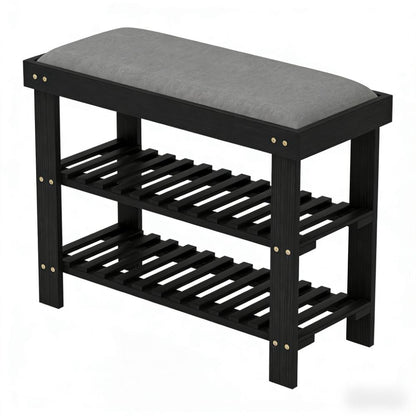 Black Gray Bamboo Shoe Storage Bench - Entryway Bench with Shoe Rack