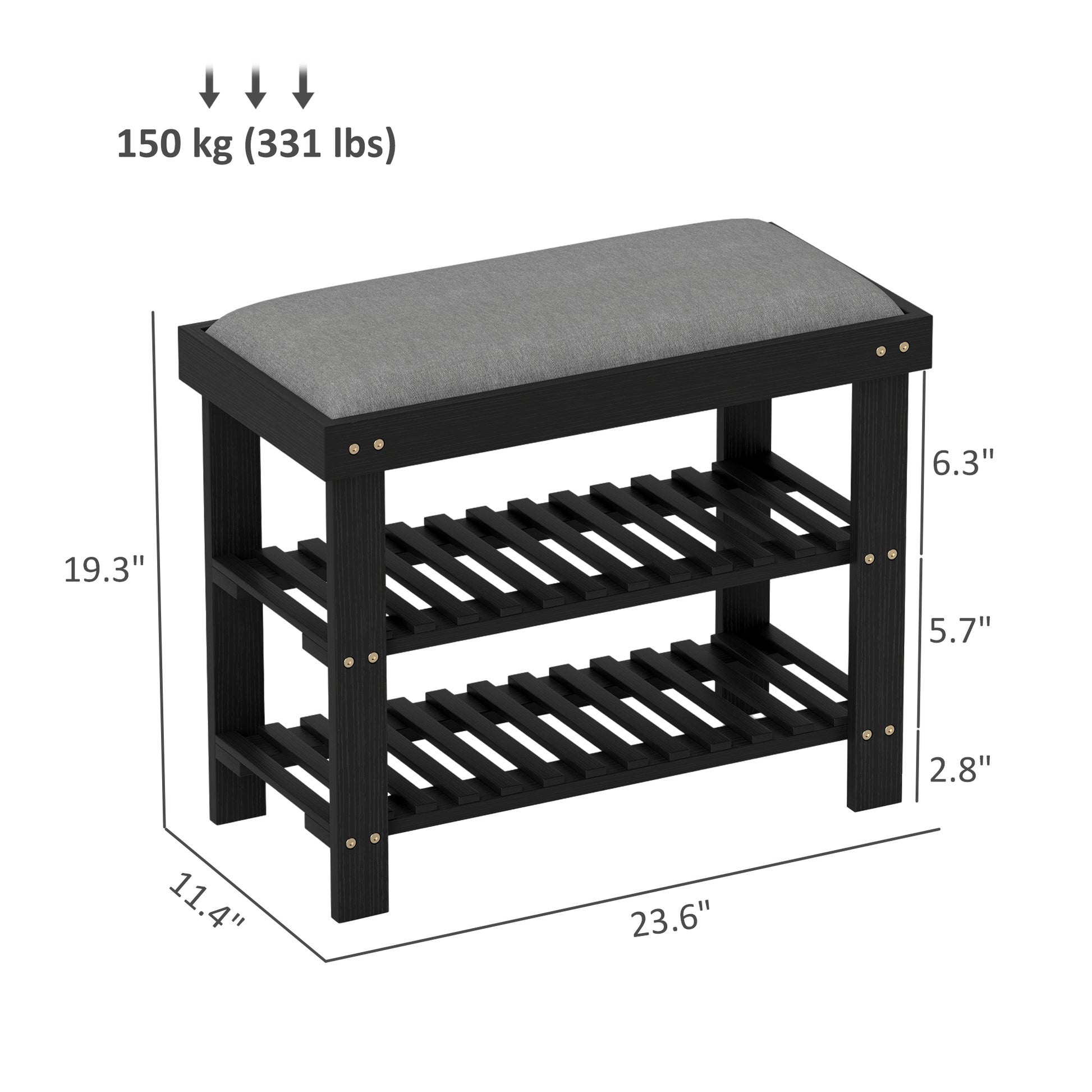 Black Gray Bamboo Shoe Storage Bench - Entryway Bench with Shoe Rack