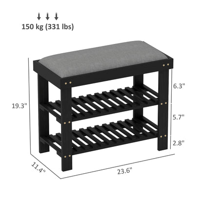 Black Gray Bamboo Shoe Storage Bench - Entryway Bench with Shoe Rack