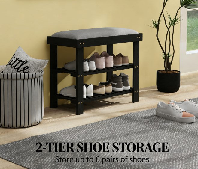 Black Gray Bamboo Shoe Storage Bench - Entryway Bench with Shoe Rack