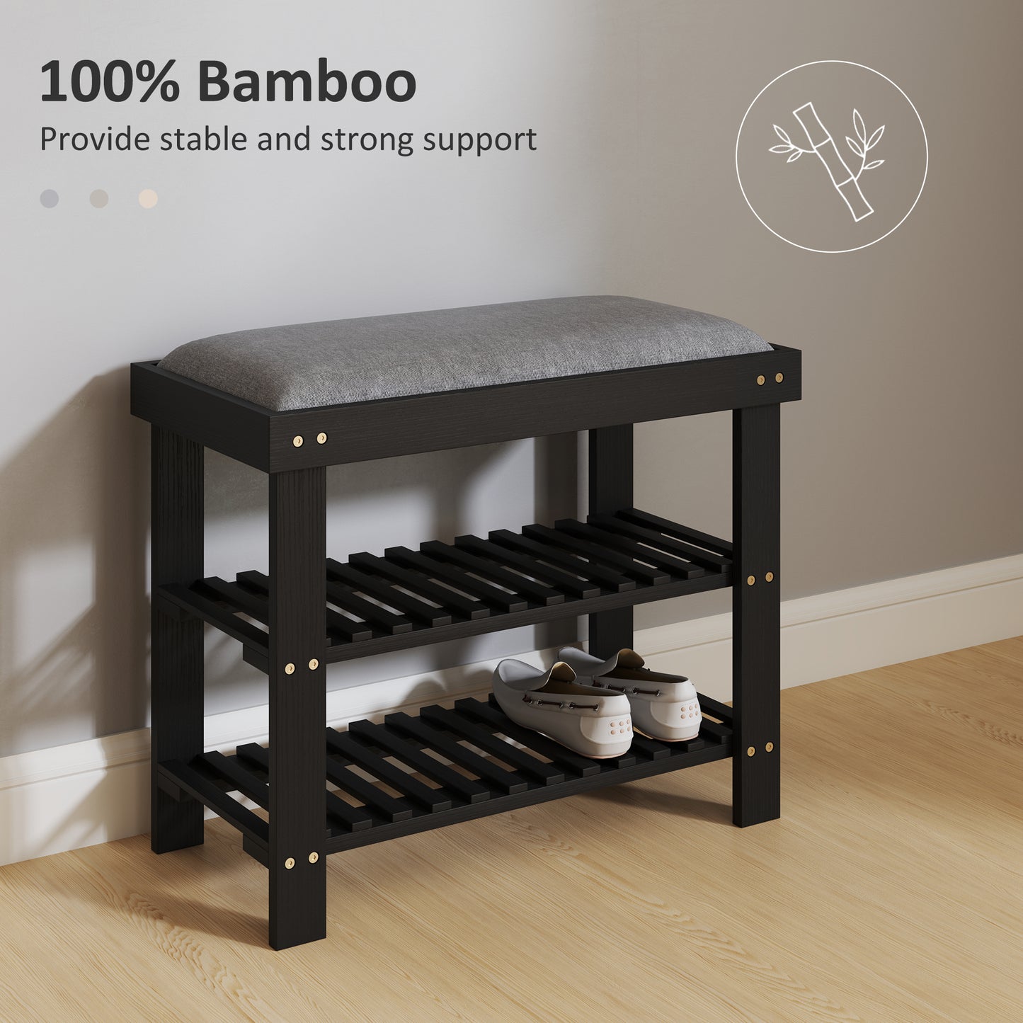 Black Gray Bamboo Shoe Storage Bench - Entryway Bench with Shoe Rack