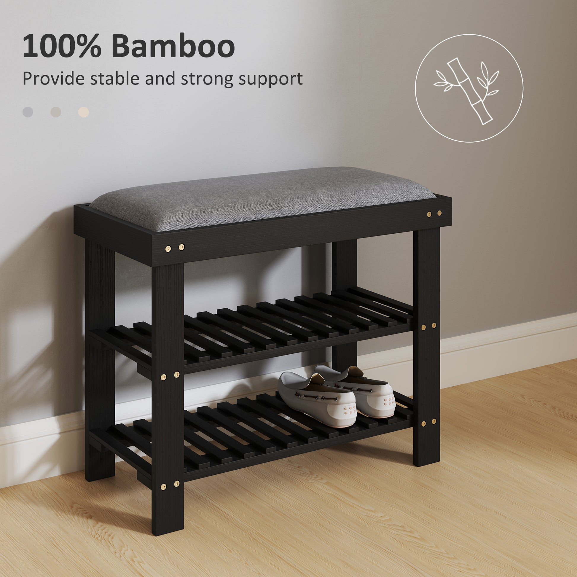 Black Gray Bamboo Shoe Storage Bench - Entryway Bench with Shoe Rack