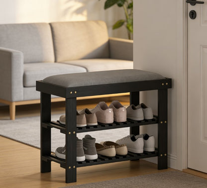 Black Gray Bamboo Shoe Storage Bench - Entryway Bench with Shoe Rack