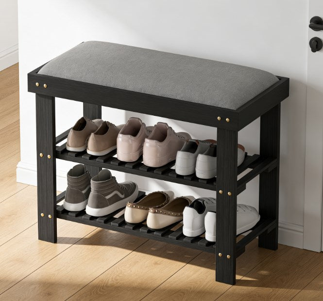 Black Gray Bamboo Shoe Storage Bench - Entryway Bench with Shoe Rack