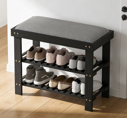 Black Gray Bamboo Shoe Storage Bench - Entryway Bench with Shoe Rack