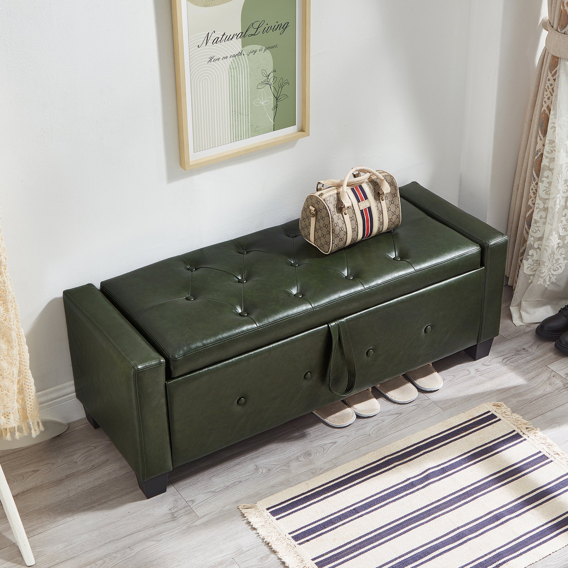 48" Ottoman Bench with Storage, Bench for Bedroom,Living Room,Hallway, Upholstered Tufted Faux Leather PU Ottoman Dark Green