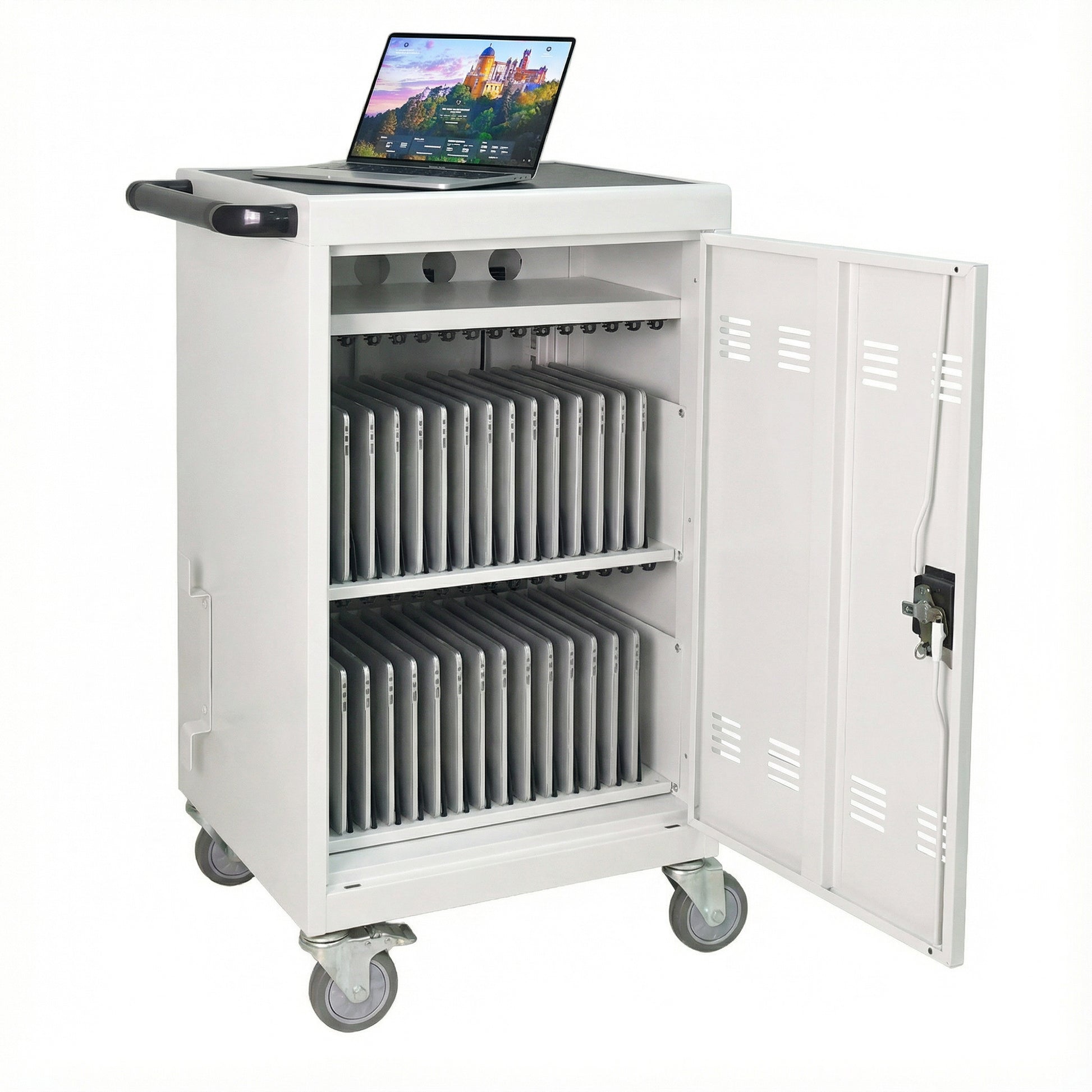 30+2Bay Mobile School Charging Cart Station for Chromebook, Tablet and Laptop Computer with Power Strip Included, Assembly Required-WHITE