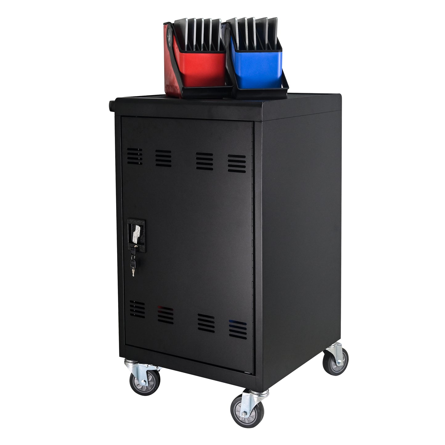 Tablet Laptop 32-bit-Plastic Device Basket Device for Mobile Charging Trolley- Includes Cable Management Dividers, Cable Clips, Storage Compartment, and Removable Doors (Black)