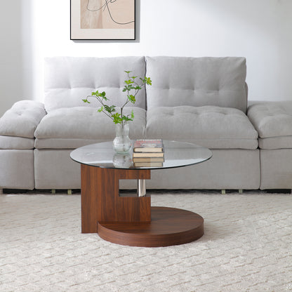 Modern and practical double-layer round table. Glass table top, wood MDF table legs. Suitable for Office, Dining Room and Living Room Walnut