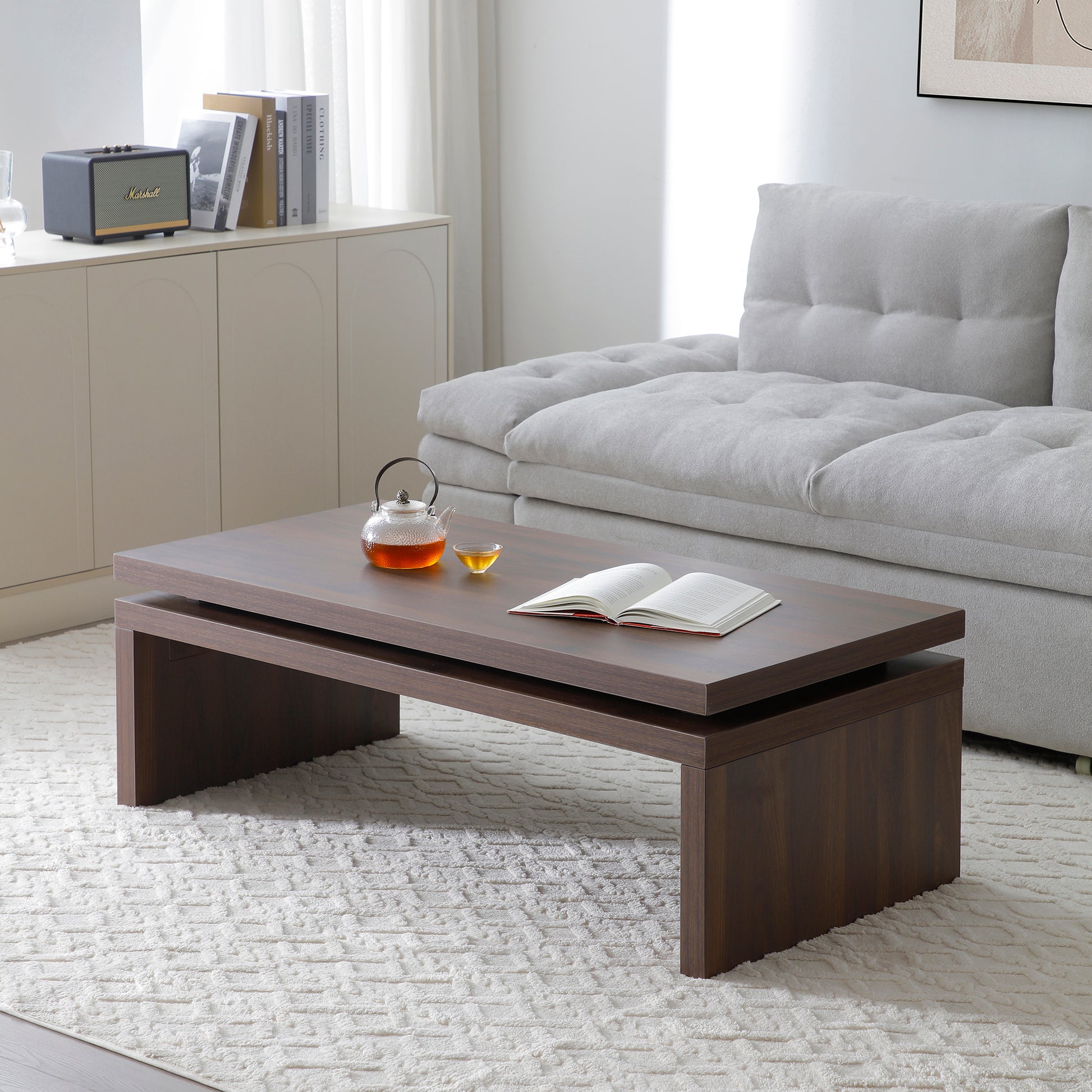 Wood Coffee Table, Mid Century Modern Farmhouse Wooden Coffee Tables for Living Room Natural Solid Firwood Tabletop Rectangle Center Table for Apartment Home Office Tea Table (Walnut)