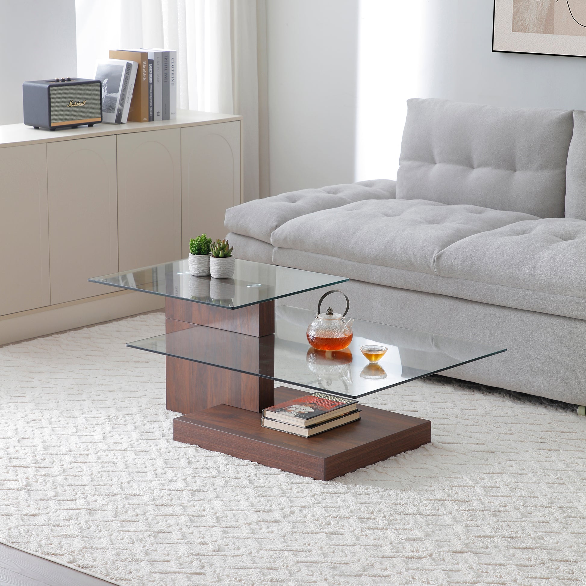 Glass Coffee Tables for Living Room Coffee Tables Modern 3 Tier Z shape Table Circle Coffee Table for Home Office(Walnut)